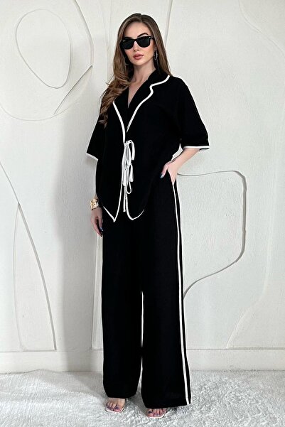 Elbee Fashion Woman Black Piped Detail Linen Double Set