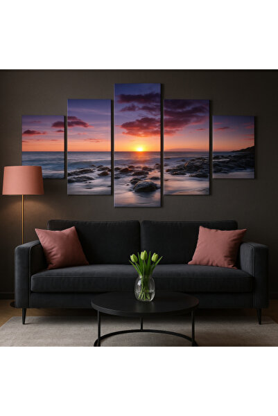 lawhat لوحة فنية بخمس قطع تجسد مشهد الغروب الساحر على شاطئ الصخور، حيث تمتزج ...