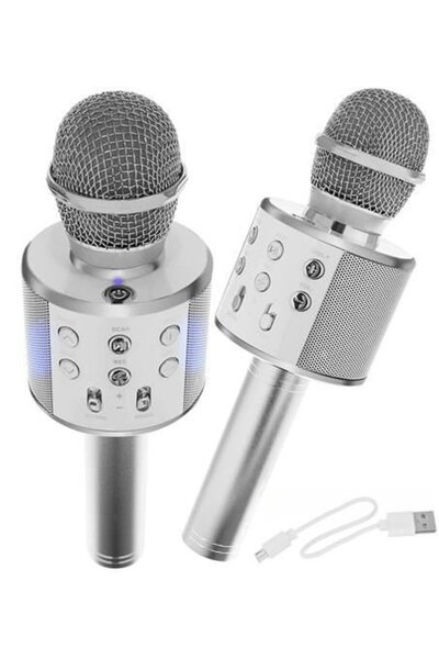 zola Microfon karaoke cu difuzor, Bluetooth, argintiu, bandă de frecvență 100...