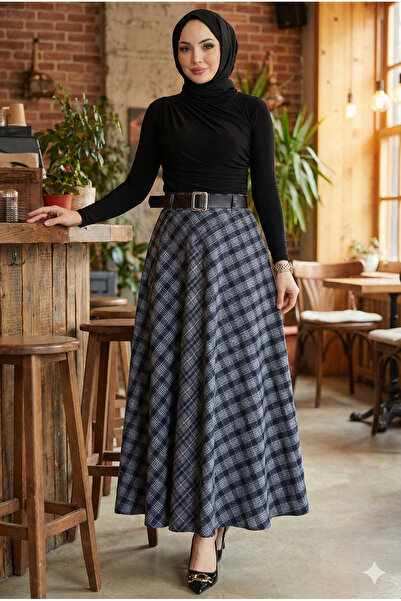 hafsamina Belted Mevlana Model Plaid Skirt White Hm2874