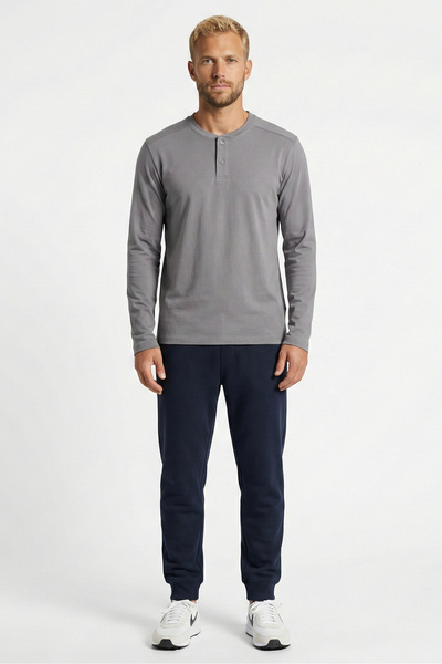 Cottonland Men's Celso Long Sleeve Buttoned O-Neck Unprinted Combed Cotton T-...