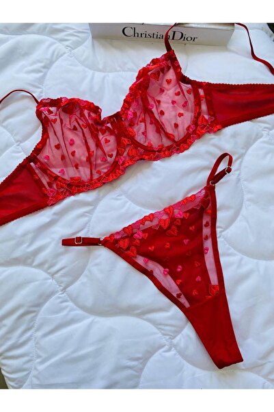 Lady's First Büyük Beden C Kap Kırmızı Kalp Desenli Dantelli Bralet Takım