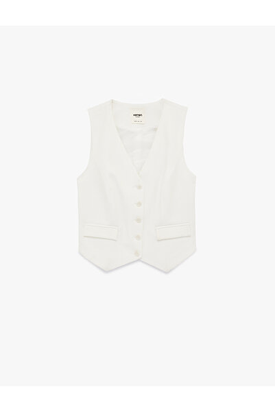 Koton Pocket Detailed V-Neck Viscose Blended Buttoned Sleeveless Vest