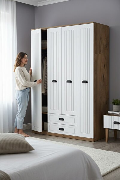 izcodesign Country 4 Kapaklı 2 Çekmeceli Gardırop - MDF Membran Kapak | 180 cm Raflı Askılıklı Elbise Dolabı