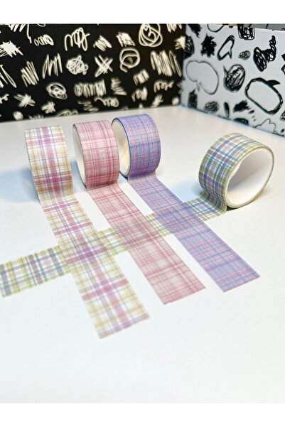 Padme studio Ekose Desenli 4 Adet Washi Tape Kağıt Bant (2cmX2m) old rose