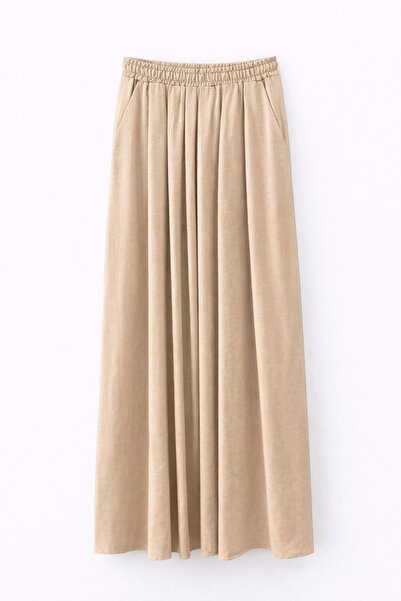 Mixray 4612 Women's Pleated Loose Skirt with Side Pockets Latte