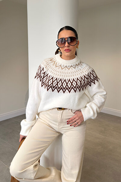 MAGARDE Pulover tricotat cu model, cu guler rotund, Ecru - EKRU