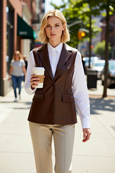 BENERLY Women's Jacket Collar Sleeveless Plain Pattern Woven Vest Lined Fitte...