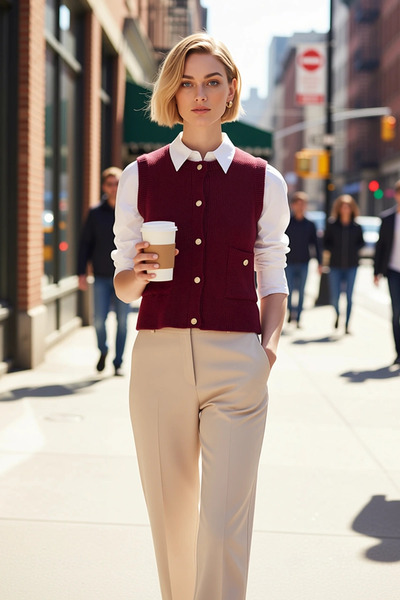 BENERLY Women's Crew Neck Sleeveless Plain Pattern Knitwear Crop Vest Medium ...