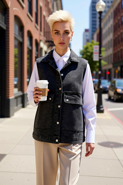 BENERLY Women's Shirt Collar Sleeveless Buttoned Pocketed Denim Vest Jacket R...