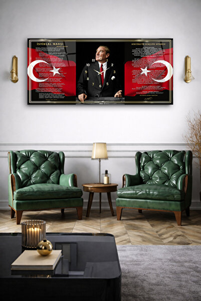 Olinpa KIRILMAZ CAM DUVAR SAATİ , HEM TABLO HEM SAAT ATATÜRK İMZALI ÖZEL TASA...