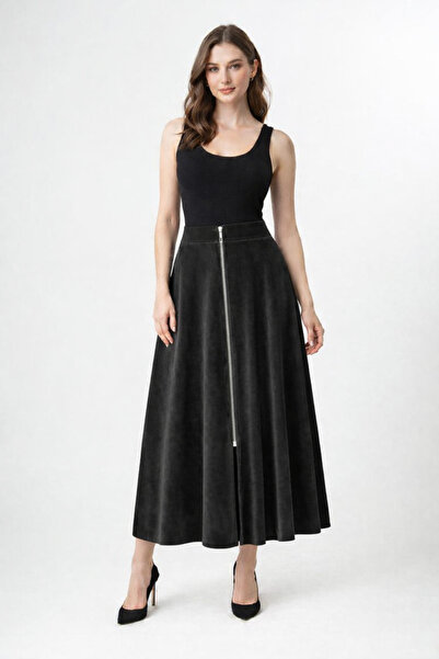 COUPEST Women's Black Velvet Front Zipper Long Mevlana Skirt