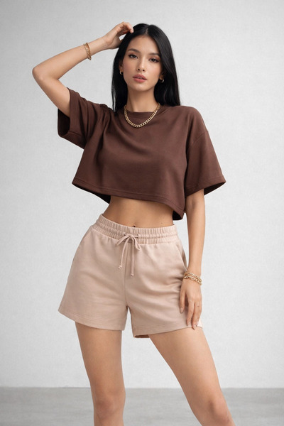 WILD BEE شورت نسائي بيج بخصر مرتفع ورباط قابل للتعديل