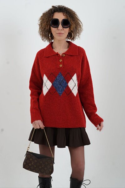 Zelish My Sister Pulover roșu cu guler polo și model baklava