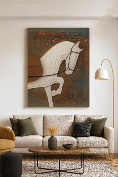 lawhat لوحة فنية أنيقة تصور حصاناً أبيض بتصميم ثلاثي الأبعاد، تبرز مزيج القوة...
