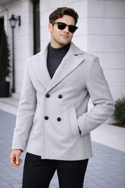 BASEL.CO Men's Casual Double-Breasted Midi Length Cashmere Coat - Modern Cut