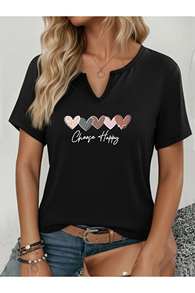 mercoledi Women's Choose Happy Printed Half V-Neck Sleeves Regular Fit Comfor...