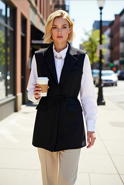 BENERLY Women's Jacket Lapel Collar Sleeveless Lined Woven Vest Waist Tie Det...