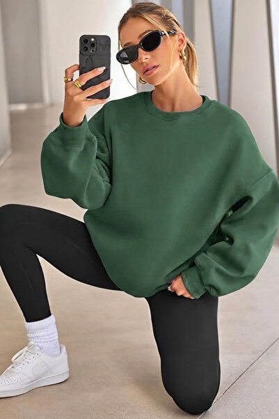 COMBİNE MİCHAİL Femei guler rotund basic supradimensionat Swea tricou VERDE