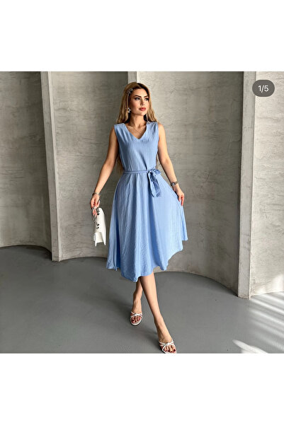 Bibedenstil Kadın kuşaklı diz altı V yaka rahat çilek kumaş bebek mavisi özel...