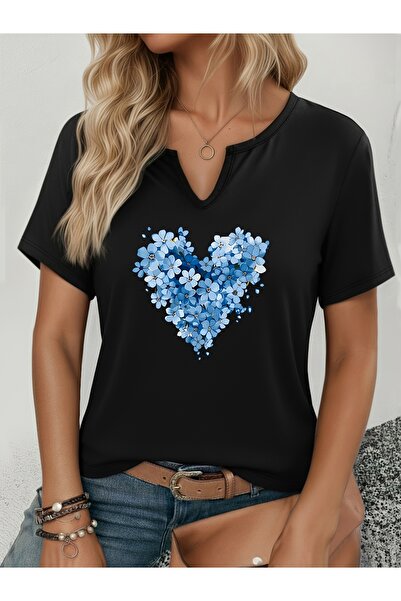 mercoledi Women's Blue Heart Printed Half V-Neck Sleeves Regular Fit Comforta...