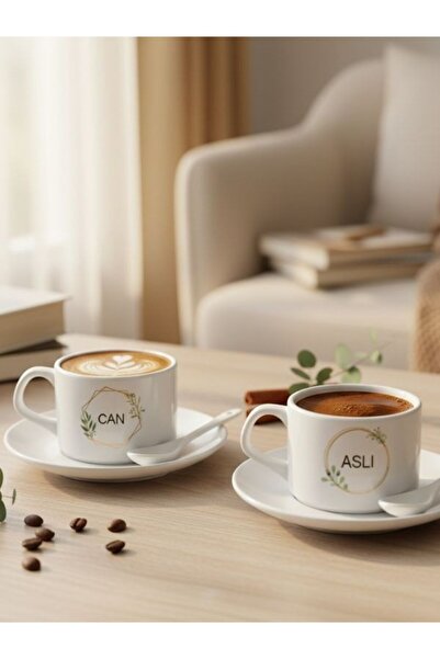 suncrafted İsimli 2'li Kaşıklı Porselen Fincan Takımı - Hediye Kahve & Çay Seti