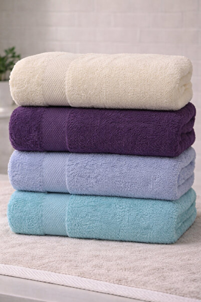 İQON 4-Piece Cotton Bath Towel Set Purple-Blue-Turquoise-Beige (125X60 cm)