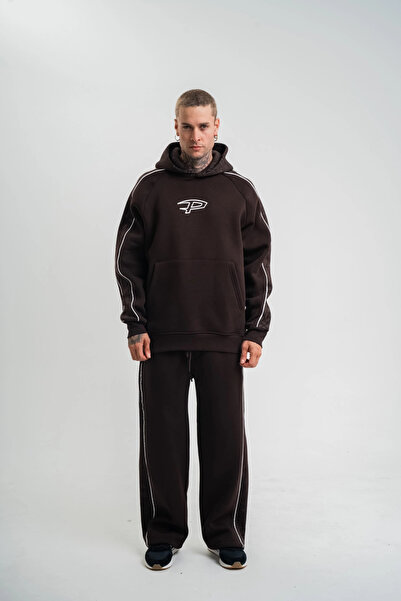 Vogue Uzun Kol Kapşonlu Ara Biyeli Baggy Eşofman Takım - Kahve