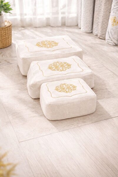 BEĞENDİ HOME Çeyizlik Kadife Gold Işlemeli 3’lü Krem Bohça Nişan Gelin Damat ...