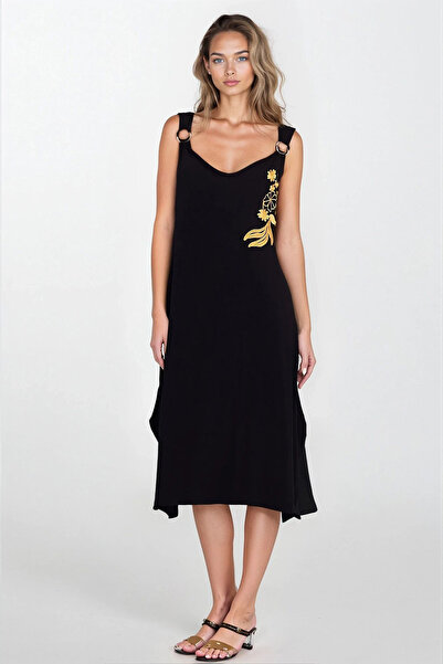 VAGGON Дамска черна плетена рокля с двоен джоб и презрамка, голям размер, Vs0...