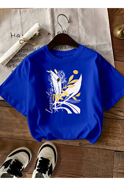 caddekombin Women's Gold Star Detailed Abstract Floral Cobalt Blue T-Shirt