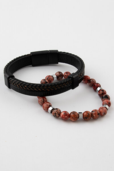 Sortie Aksesuar Genuine Leather and Natural Stone Gift Men's Bracelet Combina...