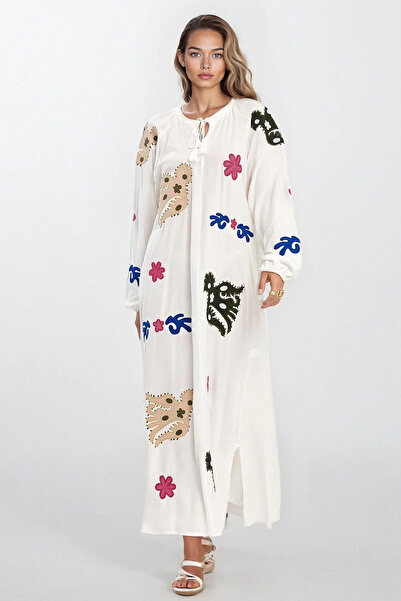 Trend Alaçatı Stili فستان نسائي أبيض بياقة رسمية وأكمام مطاطية منقوشة مقاس كب...