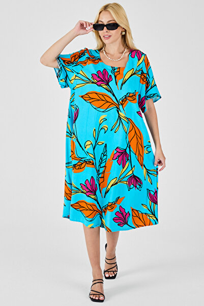 Trend Alaçatı Stili Women's Baby Blue Leaf Patterned U-Neck Short Sleeve Midi...