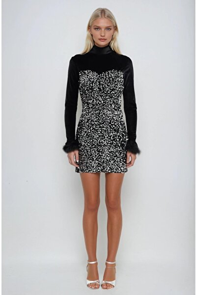 Lijuri Рокля с пера и кадифени детайли и пайети 2988