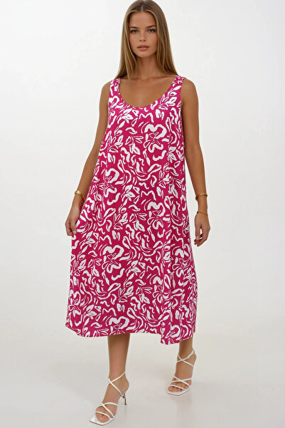 Trend Alaçatı Stili Rochie de damă roz, fără mâneci, cu umăr elastic, cu mode...