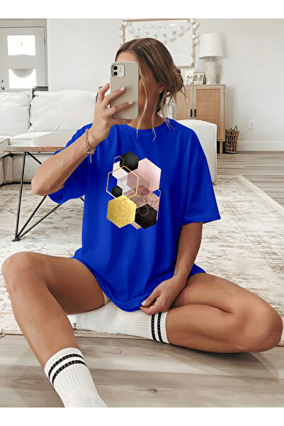 caddekombin Women's Modern Honeycomb Patterned Cobalt Blue T-Shirt