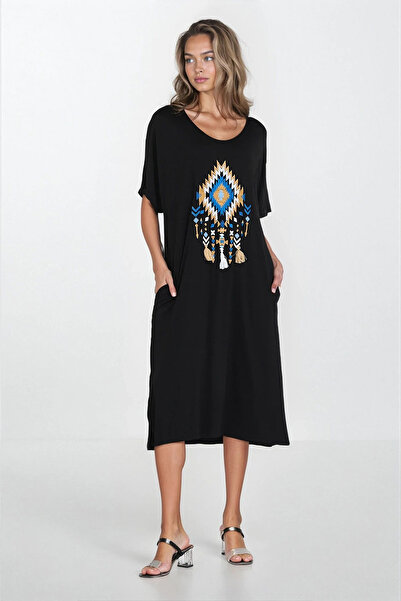 Trend Alaçatı Stili Rochie neagră de damă cu decolteu barcă brodată mărime ma...