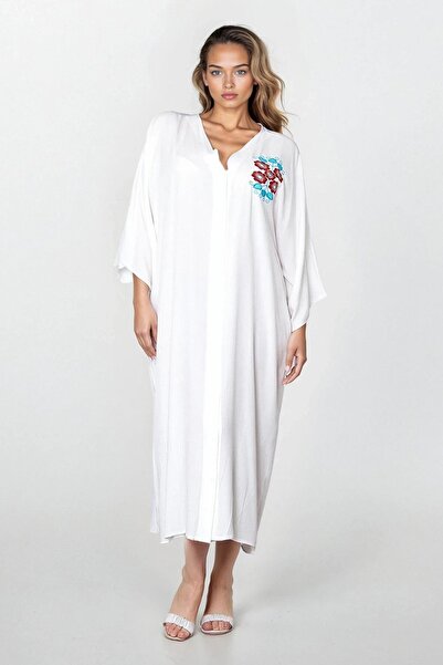 Trend Alaçatı Stili Rochie de damă, albă, broderie, cu nasturi în față, mărim...