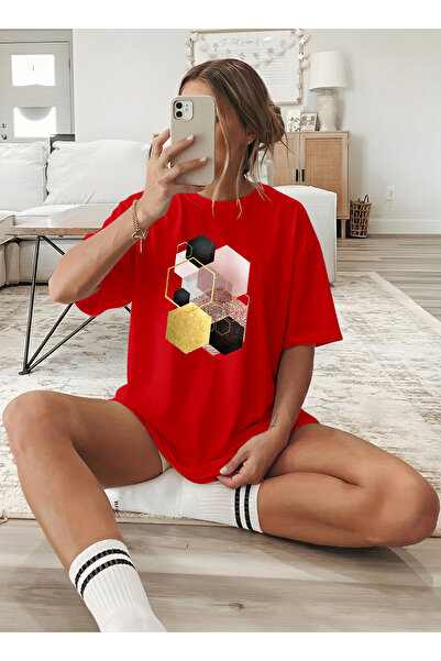 caddekombin Women's Modern Honeycomb Patterned Red T-Shirt