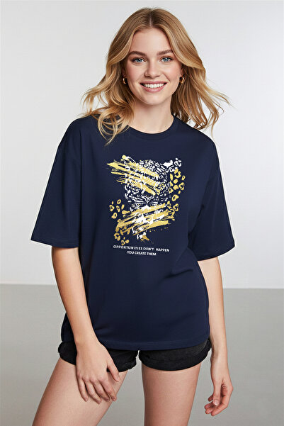 caddekombin Γυναικείο μπλουζάκι σε μπλε ναυτικό με χρυσή εικονογράφηση λεοπάρ...