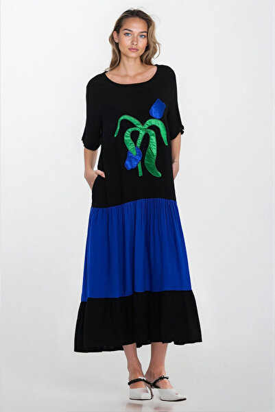 Trend Alaçatı Stili Women's Blue Double Pocket Flower Printed Short Sleeve Dr...