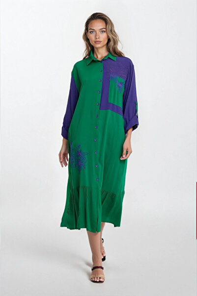 Trend Alaçatı Stili قميص نسائي أخضر اللون ألوان متباينة قميص كبير الحجم مطرز ...