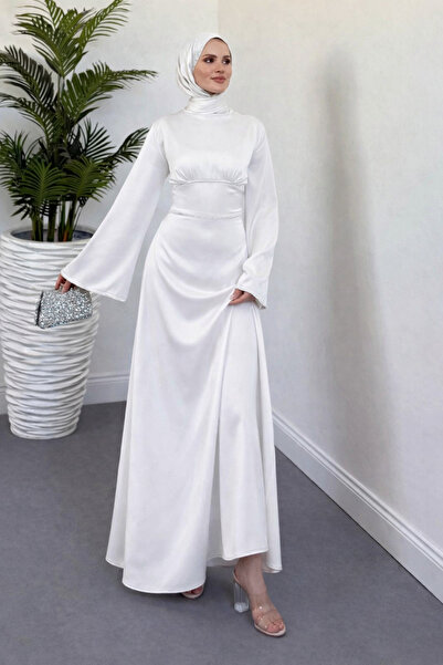 Tesettür Diyarı Women's Baguette Stone Satin Evening Dress with Sleeves and W...