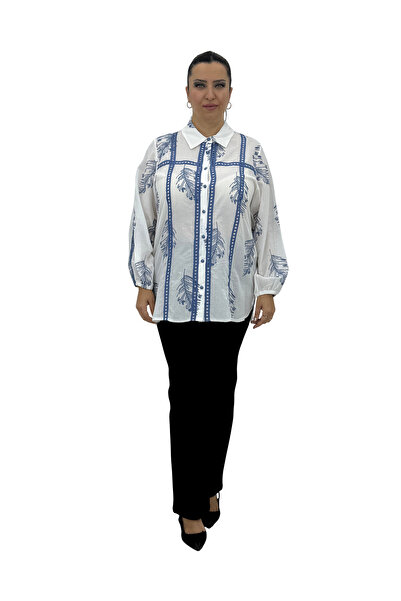 AY-SEL Plus Size Cotton Embroidered Buttoned Women's Shirt with Elastic Sleeves