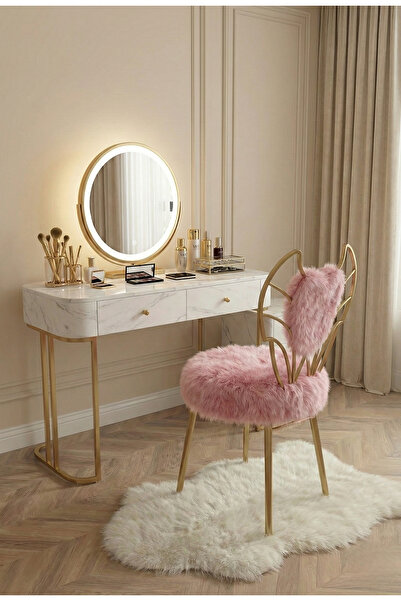 lowena home Modern Pembe Peluş Kumaşlı Melek Tasarım Makyaj Sandalyesi Yuvarl...