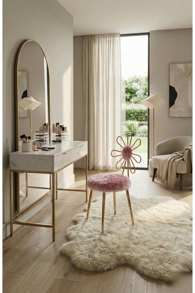 lowena home Modern Pembe Peluş Kumaşlı Papatya Tasarım Makyaj Sandalyesi Yuva...