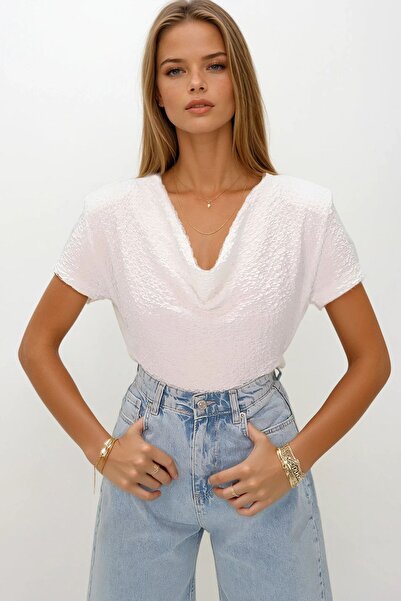 Trend Alaçatı Stili Women's White Degaje Collar Shoulder Pad Piece Gofre Fabr...