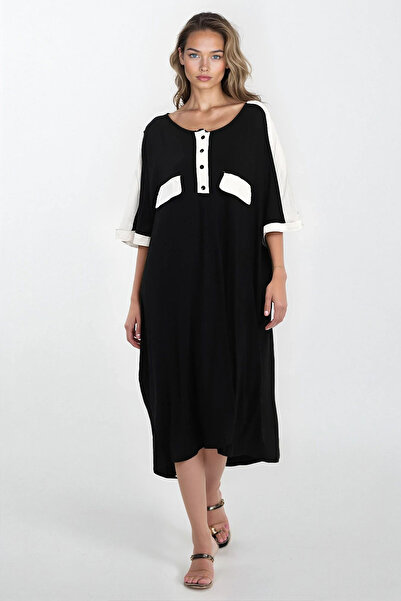 Trend Alaçatı Stili Women's Black Button Front Short Sleeve Viscose Dress Vs0...