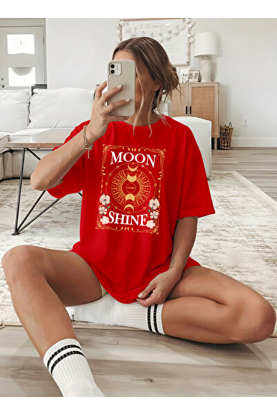 caddekombin Women's Mystical Red T-Shirt with Moon Phases and Flower Figures